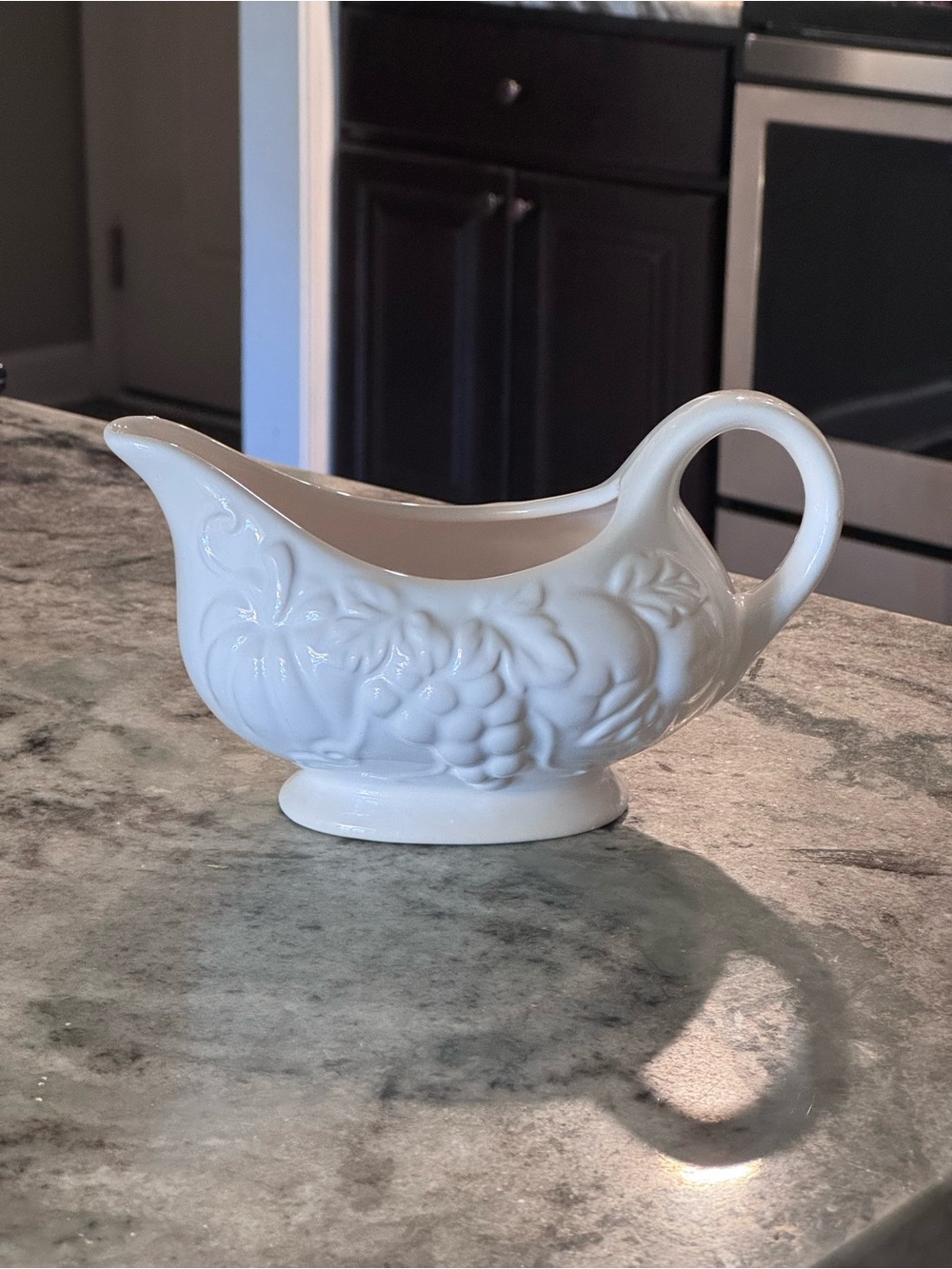 Gallery White Embossed Ceramic Sauce Boat with Vine Motif